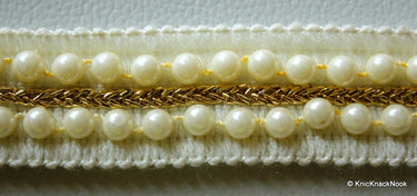 White Thread Trim With Pearl Embellishments, Approx. 22mm Wide